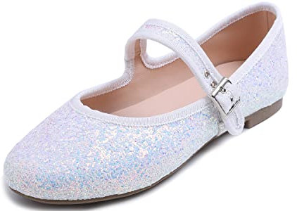 Feversole Women's Soft Breathable Mary Jane Memory Foam Cushioned Comfort Round Toe Metal Buckle Flats Walking Shoes White Glitter Size UK 7