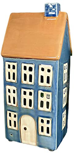 Ceramic Blue Tall House Tea Light Candle Holder Pottery Cottage Home Ornament 22cm