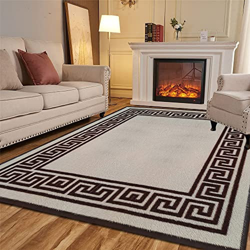 Door Mats Indoor Non Slip Mat Carpet Runners for Hallways Geometrical Border Low Profile Washable Runner Rug for Kitchen, Front Door Hall Hallways Living Room (120 x 170 cm, Beige Brown)