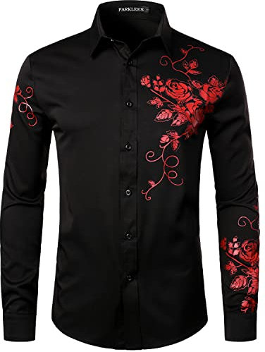 PARKLEES Men's Hipster Rose Floral Print Design Slim Fit Long Sleeve Button Up Party Dress Shirt Black Red L