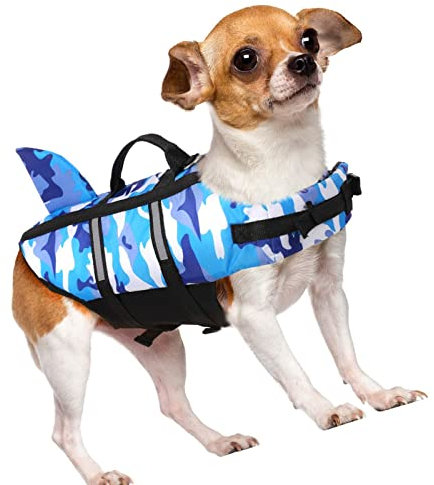 MYSUNBAR Schwimmweste für Kleine Mittlere und Große Hunde, Camouflage Hunde-Schwimmweste Hai mit Griff und Reflektierend, Schützen Sie Hunde beim Schwimmen im Meer/See/Fluss