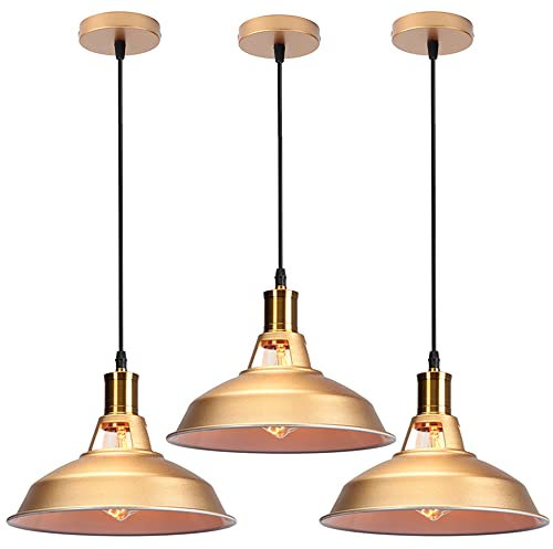 STOEX 3PCS Suspension Luminaire Vintage Métal 27cm, Lustre Plafonnier Industriel Lampes LED E27 Corde Ajustable pour Salon Cuisine Restaurant Salle à manger Chambre (Doré)