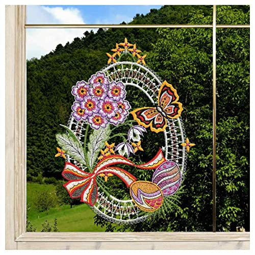 Frühlings-Fensterbild Osterei mit Schmetterling aus feiner Vogtländischer Luftspitze | detailliert gesticktes großes Ornamet mit buntem Falter, Primeln, Schneeglöckchen, 2 Schmuckeiern 24 x 18 cm