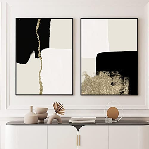 BIEMBI Moderne minimalistische Wandkunst Abstrakt Beige Schwarz Gold Leinwand Gemälde Poster Drucke für Wohnzimmer Wohnkultur Bild 70x100cmx2 Rahmenlos