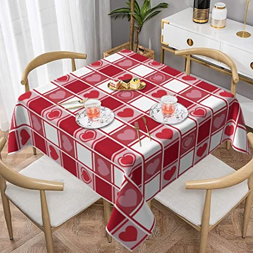 Sunshineyan Valentinstag-Tischdecke, quadratisch, 137 x 137 cm, karierte Herzen, Valentinstagstischdecke, schmutzabweisend, Polyester, Tischdecke für Partys, Küche, Esszimmer, drinnen und draußen