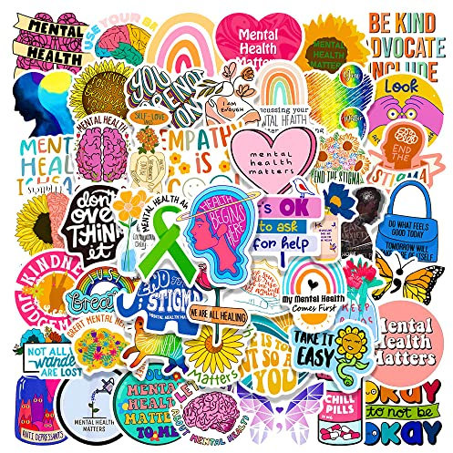 AUCEKO 50 Stück Mental Health Aufkleber Pack Mental Health Sticker Set wasserdichte Vinyl Sticker für Laptop Kinder Autos Motorrad Fahrrad Skateboard Gepäck Koffer Computer Aufkleber Graffiti Decal