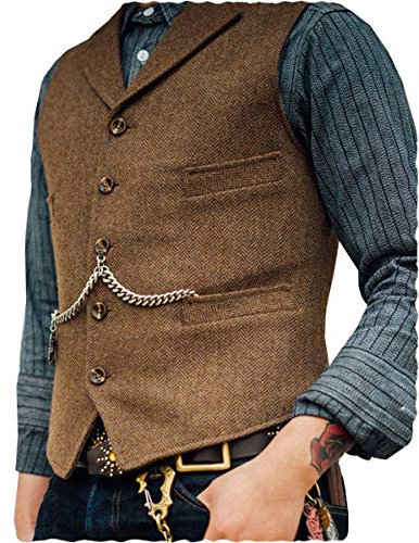 AeoTeokey Classic Mens Wool Tweed Suit Vest Casual Sleeveless Jacket Herringbone Waistcoat for Tuxedos(XL,Brown)