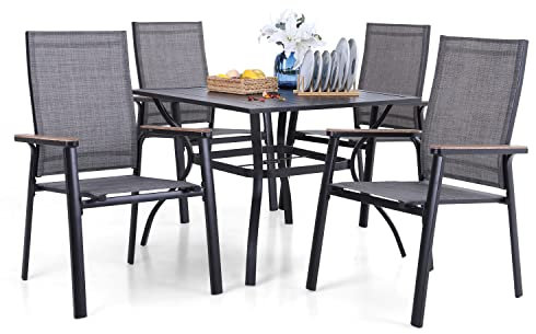 MFSTUDIO Garten Möbel Set 4 Stühle mit Tisch, Quadratischer Metall Tisch mit 4cm Schirmloch und 4 Aluminium Textilene Stühle, Terrasse, Balkon, Bistro, Veranda