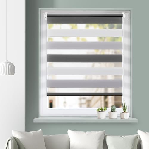 Grandekor Doppelrollo Klemmfix ohne Bohren Weiß-Grau-Anthrazit 80x110cm(Stoffbreite 76cm) Fenster Rollos für innen Klemmrollos Duo Rollos für Fenster ohne Bohren mit Bohren Privatschutz Zebrarollo