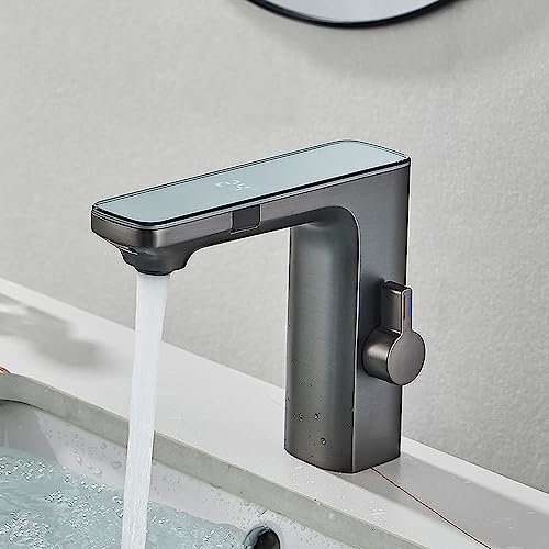 Yalsfowe Grifo de baño con sensor automático, pantalla de temperatura, grifo de baño sin contacto, grifo de lavabo de baño, grifo mezclador de baño, grifo de latón,Gris