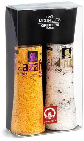 CARMENCITA - Pack 2 Molinillos Gigantes | Sal y Azafrán | Sal y Trufa | Sazonador de sal con especias para cocinar | Sal condimentada perfecta pastas, carnes, salsas, tortillas y verduras | 720 g