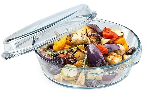 KADAX Cacerola de vidrio, resistente al horno con tapa y asas para lasaña, resistente al calor para cocinar, hornear, asar (redonda, 2,8 L)
