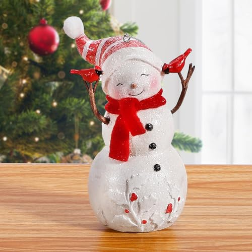 EZVYAO 2025 Snowman Figurines Christmas Decorations Resin Standing & Hanging Ornament for Tree Winter Tabletop Office Home Decor Xmas Gifts, Snowman Holding Cardinals, 4.7 H