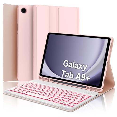 IVEOPPE Teclado Samsung Galaxy Tab A9 Plus 11 Pulgadas 2023, Funda Teclado Español Ñ Bluetooth Retroiluminado Desmontable para Samsung A9+, SM-X210/X216/X218, Rosa