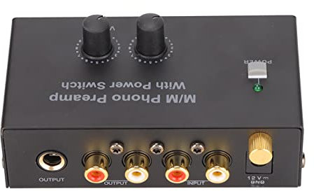 Preamplificador de Fono, Preamplificador de Tocadiscos de Funcionamiento de bajo Ruido con Adaptador DC 12 V, Doble Ganancia, para Tocadiscos hasta Equipos de Sonido Modernos,