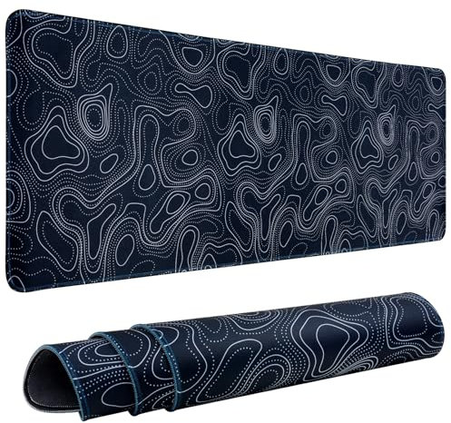 Gaming Mouse Pad Topographic Contour Large Desk Mat Long Computer Keyboard Mouse Mat Mousepad with Slip Base Desk Pad Edge for Home Office Work (Dashed)