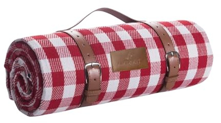 KIKIRIKIT Picknickdecke, wasserdicht, 1,5 x 2 m, Griff aus PU-Leder, rot kariert