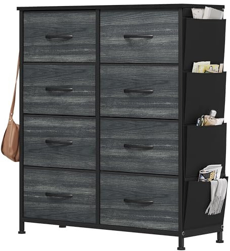 YITAHOME Commode avec Poches latérales et Crochets, Commode à 8 Tiroirs en Tissu Meuble de Rangement avec Dessus en Bois pour Chambre à Coucher, Salon,Grain de Bois Noir