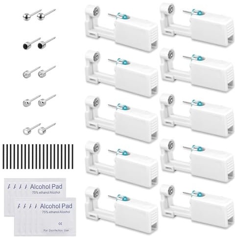 Lot de 10 Pistolet Percage Oreille Kit Piercing Oreille Perceur D'oreille avec Ouate D'alcool + Bâtonnets D'oreille, Convient pour les Filles, les Femmes, les Hommes