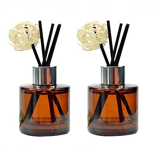 2Pcs 50Ml/1.7oz Empty Amber Round Glass Diffuser Bottles with Silver Cap Refillable Essential Oil Jars Containers Fragrance Accessories Use for DIY Replacement Reed Diffuser Sticks Sets Crafts Decor