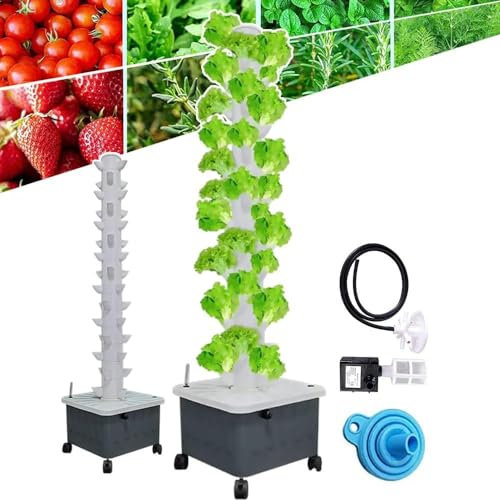 FDQAMLKX Hydroponisches Anbausystem für den Garten, vertikaler Turm mit Pumpe und beweglichem Wassertank – Gemüsepflanzenturm, Geschenk für Gartenliebhaber – 15 Ebenen, 45 Pflanzenplätze