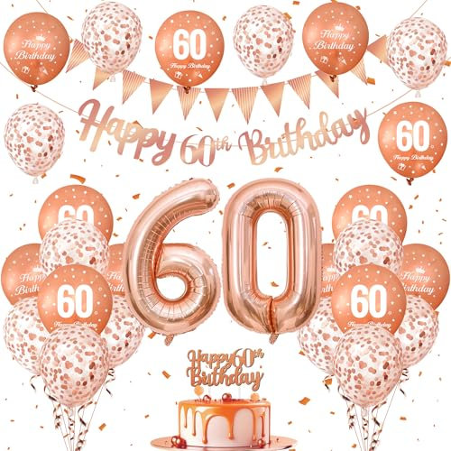 Decoration Anniversaire 60 Ans, Ballons Anniversaire avec Ballon Rose Gold, Ballon Paillette et Ballon 60 Ans, Banderole Joyeux Anniversaire, Topper Happy Birthday, pour Decoration Anniversaire Fille