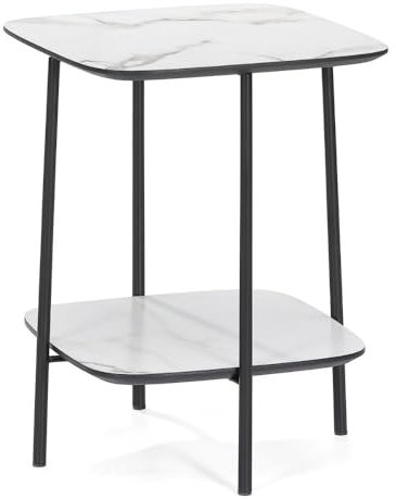 LEBENSwohnART Moderner Design Beistelltisch MARMOL 55cm Weiss Marmor-Optik schwarzes Metallgestell Couchtisch