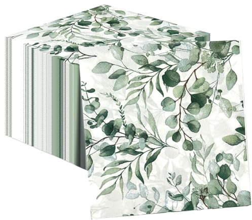 GOTRUST 100pcs Eucalyptus Napkins - 2-Ply Green Eucalyptus Leaf Paper Guest Napkins for Birthday, Wedding, Party, Baby Shower, Dinner Events