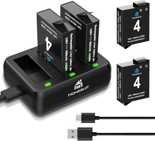 Homesuit Osmo Action 4 3 Battery 1800mAh and 3-Slots LED Charger Kit for DJI Osmo Action 4 / DJI Osmo Action 3 (2-Pack)