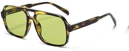 Long Keeper Vintage Pilot Square Sunglasses for Women Men Double Bridge Night Vision Oversized Sun Glasses (GreenLeopardGreen)