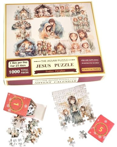 Adventskalender Puzzle für Erwachsene, Weihnachts-Countdown Puzzle - 1000X Weihnachts-Adventskalender Weihnachtskrippe Puzzle,Kreative bunte Heimtextilien Dekorative christliche Puzzles für Kinder und
