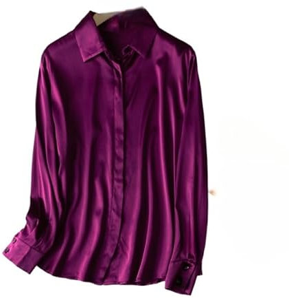 Camicie da donna in seta Mulbery OL Silk Elastin Crepe Satin semplice a maniche lunghe colletto quadrato camicia primavera e autunno, Viola rosso., XL