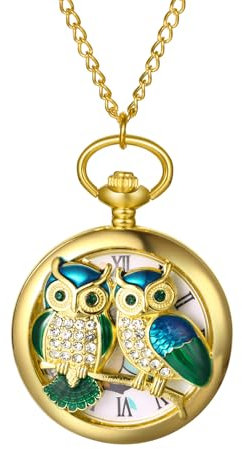 JewelryWe Eulen Taschenuhr Gold mit Kette: Vintage Doppelt Geprägte Strass Eulen Kettenuhr Römische Ziffern Analog Quarz Uhr Anhänger mit Halskette Geschenk für Damen Männer