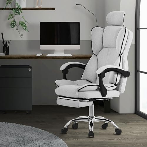 ML-Design Silla de Ordenador Gris Claro Ergonómica Regulable en Altura con Respaldo Alto Asiento Gaming Giratorio con Reposapíes, Cojín y Reposacabezas Mueble de Oficina con Función Balancín