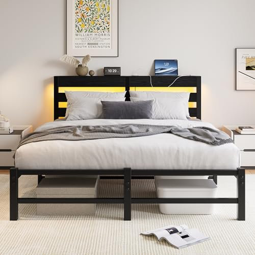 VERFARM 5ft King Bed Frame with Charging Station and LED Lights, Heavy Duty Metal Platform King 150x200 cm Bed Frame with Wood Storage Headboard, No Box Spring Needed, Noise Free, Black