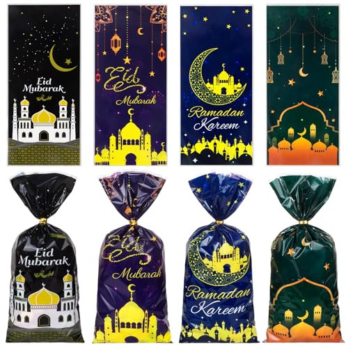 GOMANCHE Eid Mubarak Cellophanebeutel, 100 Stück Ramadan Plastik Klarsicht-Tüten mit 100 Stück Drehbändern, Eid Mubarak Geschenkbeutel für Eid Mubarak Partydekorationen