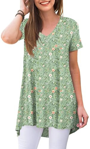 POPYOUNG Ladies Tunics to Wear with Leggings Summer Loose Short Sleeve Blouse Flowy Long Tops V-Neck Shirts L, Floral Green