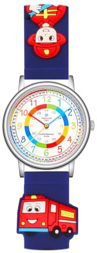 Alienwork Kids Lernuhr Kinderuhr Jungen Uhrzeit Lernen Silber Kautschuk-Armband Marineblau Mehrfarbig Kinder-Uhr Wasserdicht 5 ATM Zeit Lernen