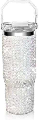 HWISDMIG 30 Oz Tumbler With Handle Studded Tumbler With Lid and Straw Insulated Stainless Steel Double Wall Water Cup Travel Mug Water Bottle Tumblr For Women (30oz White)