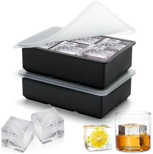 FIOUSY Large Ice Cube Tray with Removable Lid, Large Silicone Freezer Moulds for Easy Release, Reusable Silicone Square Ice Cube Maker Moulds for Whiskey, Cocktails, Drinks (Square*2)