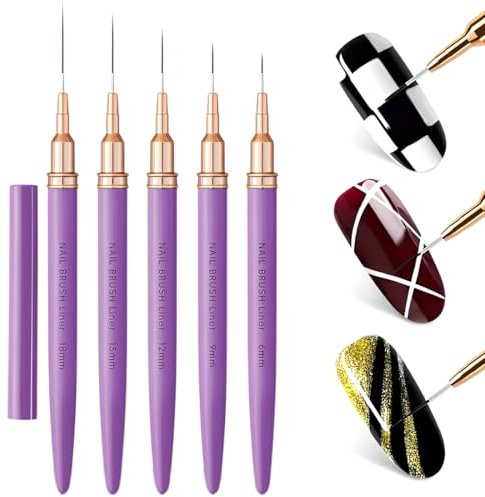 WeddHuis Nail Art Professionnel, 5 pièces, Pinceaux fins pour design d'ongles, lignes fines, peinture en gel, et Ultra Fin, liner ongle, UV Construction, Brosses French Set (6/9/12/15/18 mm)(Violet)