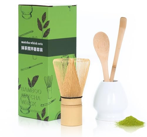 Larcenciel Bamboo Matcha Whisk Set, 4 Pcs Japanese Matcha Set - Bamboo Whisk (Chasen), Matcha Spoon, Scoop & Ceramic Holder, Natural Matcha Kit for Matcha Lover's Gift, Traditional Handmade 75 Prongs