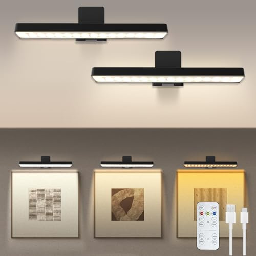 MIOBLUE 2-Pack Wiederaufladbare Bilderleuchten für Wand, Malerei Licht Batteriebetrieben mit Fernbedienung, Kunst Lichter Bilderrahmen Lichter, Dartboard Licht mit 3-Farben Temperaturen