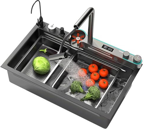 SQMGFA Fregadero de Cocina Inteligente Multifuncional de nanopanal, de Acero Inoxidable 304, Grande, Individual, con Cascada (Negro y Gris, 80 x 45 cm)