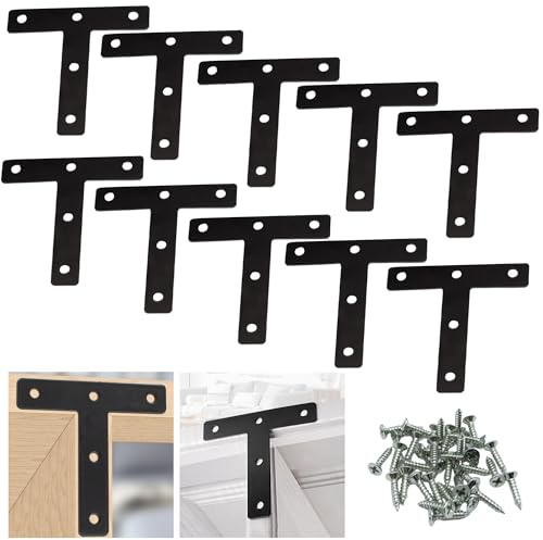 T Form Winkel Klammern, 10 Stück Metall Winkelverbinder Flachverbinder T Förmig Flache Ecke Brackets mit Schrauben Lochplatte Flachverbinder Holzverbinder für Schrank Tisch Stuhl Stühle, Schwarz