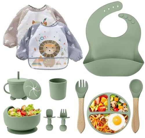 Baby Geschirrset Silikon 12-teilig – BPA-frei Kinderteller mit Saugnapf, Trinklernbecher mit Strohhalm, Silikonlätzchen, Schüssel, Holzlöffel, Babybesteck – Spülmaschinengeeignet