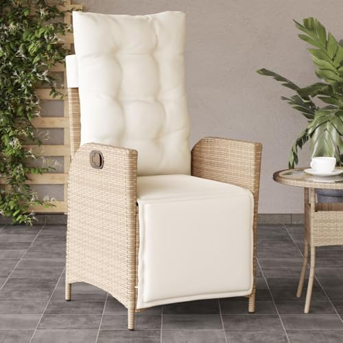 Chaise de Jardin avec Repose-Pieds Réglable, en Rotin Synthétique Résistant, Fauteuil Jardin Exterieur Inclinable, Confortable avec Coussins Amovibles, Camping, Beige, Dimensions 57x61x93 cm