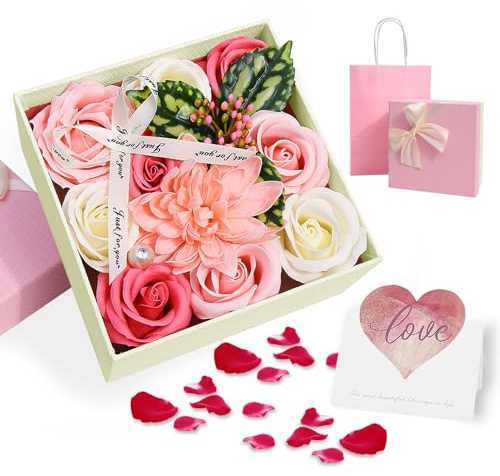 Jinfanshurich Künstliche Rosen Seifenblume Geschenkset – duftende Blumenseife in quadratischer Geschenkbox 15×15×8 cm – Romantisches Valentinstag, Muttertag, Geburtstag & Hochzeits Geschenk (Rosa-A)