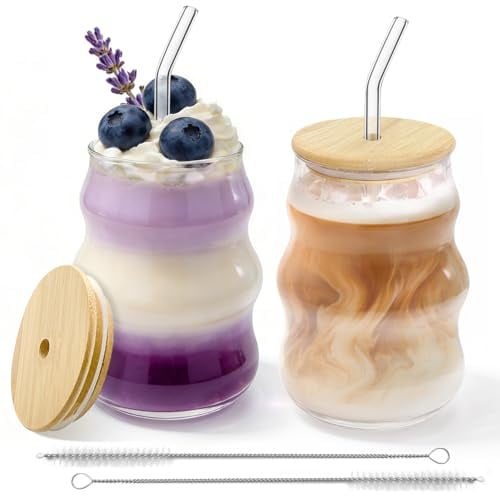 xuefenfei 530ml Verres à Bulles Avec Paille, Lot de 2 Verre Matcha, Tasses en Verre Nervuré Café avec Brosse, pour Latte Macchiato, Café Glacé, Thé, Glace, Lait, Jus, Soda