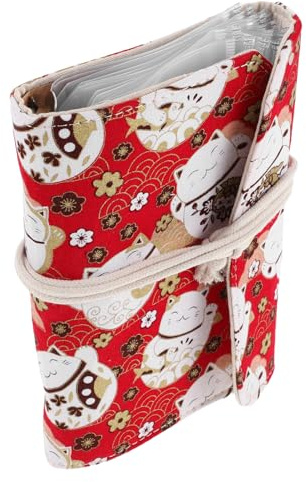 HEALSOPTHY Stricknadeltasche mit 12 Fächern Abnehmbar aus Stoff Tragbares Strickzubehör Etui für Gerade und Rundstricknadeln Garnaufbewahrungstasche mit Glückskatzen Design Kompakt für Reisen